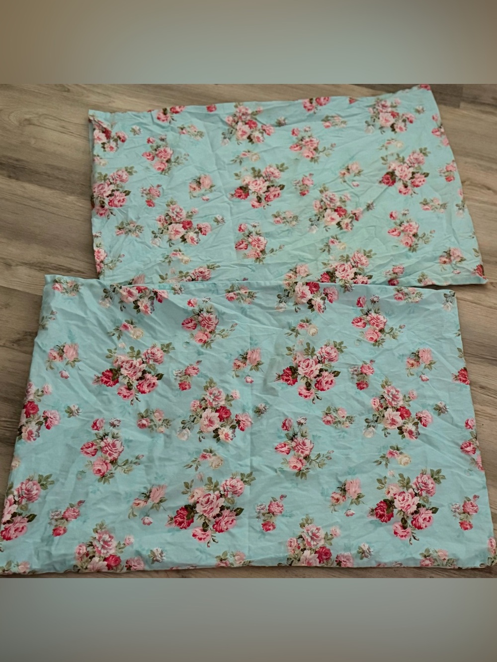 2 Shabby Cottagecore Standard Aqua Blue Cotton  Pillowcases Bright Pink Roses